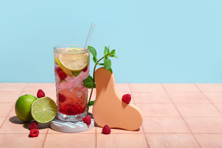 Glass of tasty raspberry mojito with lime and mint on pink tile near blue wallの写真素材