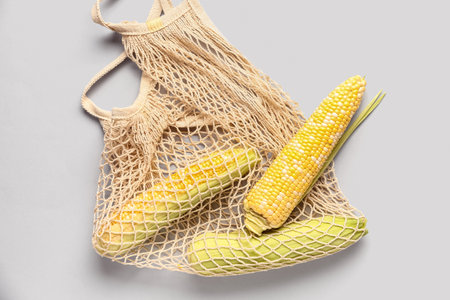 Corn on the cob in a string bag on a gray background.の写真素材