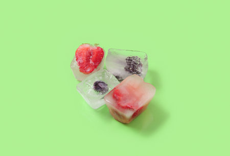 Frozen berries in ice cubes on green backgroundの写真素材
