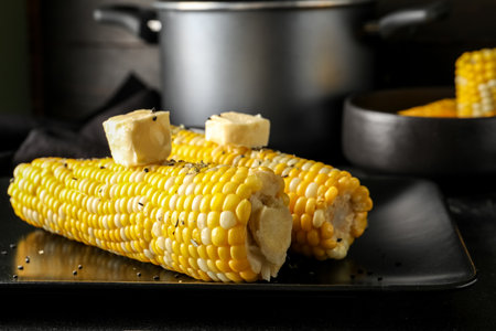 Plate of boiled corn cobs with butter on black backgroundの写真素材