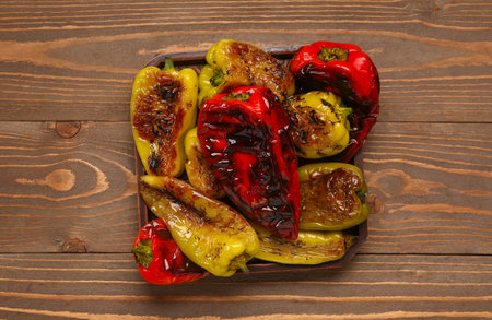Board with grilled bell peppers on wooden backgroundの写真素材