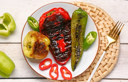 Plate with different grilled peppers on light wooden backgroundの写真素材