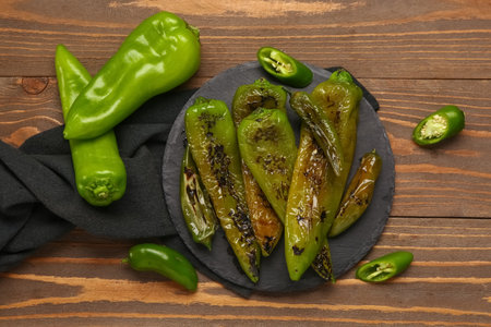 Slate board with grilled chili peppers on wooden backgroundの写真素材