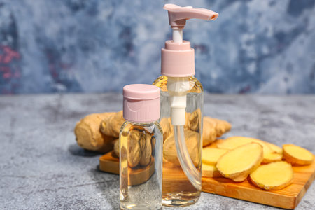Bottles of cosmetic oil and wooden board with sliced ginger root on gray tableの写真素材