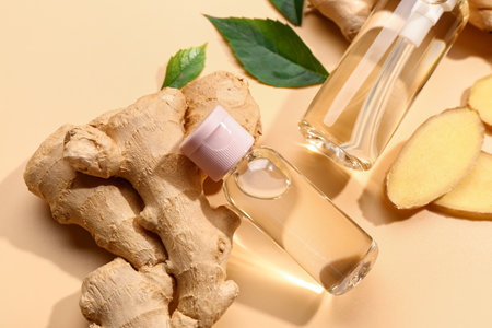 Bottles of ginger cosmetic oil and leaves on yellow backgroundの写真素材