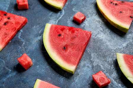 Composition with different pieces of ripe watermelon on blue background, closeupの写真素材