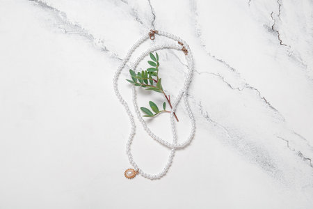 Beautiful pearl necklaces with plant branch on grunge white backgroundの写真素材