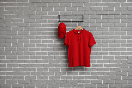 Stylish red t-shirt and cap hanging on gray brick wallの写真素材
