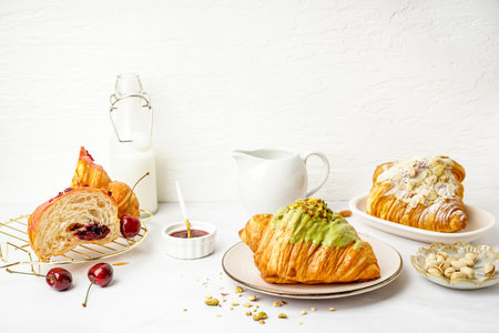 Tasty croissants, jam and pistachio nuts on light backgroundの写真素材