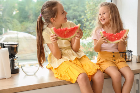 Happy little girls with fresh watermelon sitting at table in kitchenの写真素材
