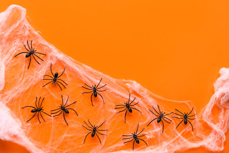 Cobweb with spiders for Halloween party on orange background