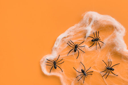 Cobweb with spiders for Halloween party on orange background
