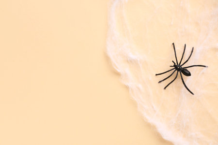 Cobweb with spider for Halloween party on yellow background