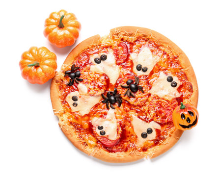 Tasty pizza for Halloween celebration on white backgroundの写真素材