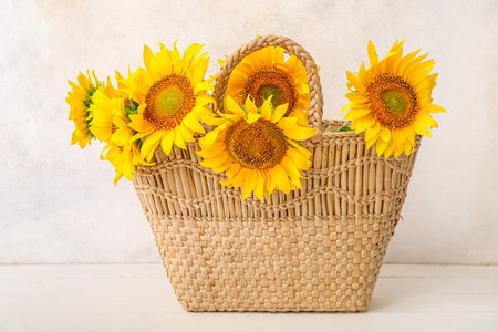 Wicker basket with beautiful sunflowers on white wooden tableの写真素材