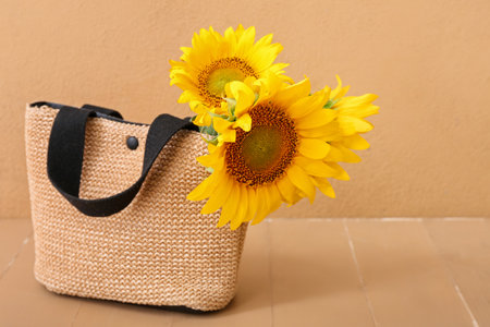 Stylish straw bag with beautiful sunflowers on beige backgroundの写真素材