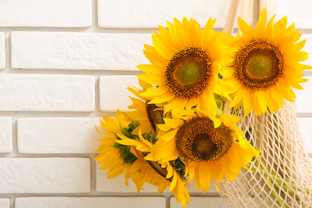 String bag with beautiful sunflowers on white brick wallの写真素材