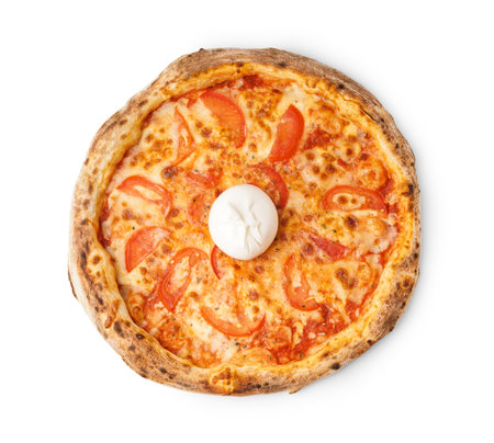 Tasty pizza with Burrata cheese on white backgroundの写真素材