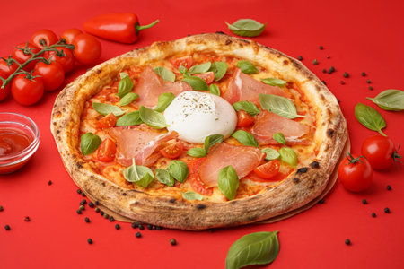 Tasty pizza with Burrata cheese on red backgroundの写真素材