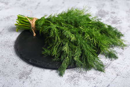Slate board with bunch of fresh dill on gray backgroundの写真素材
