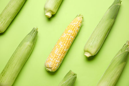 Fresh corn cobs on green backgroundの写真素材