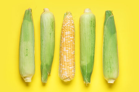 Fresh corn cobs on yellow backgroundの写真素材
