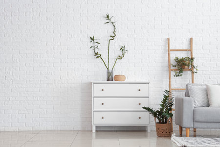 Interior of light living room with gray sofa and houseplantsの写真素材