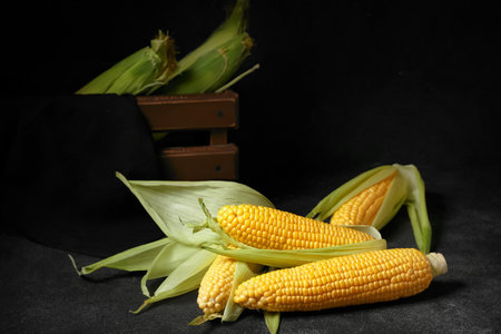 Fresh corn cobs on black backgroundの写真素材