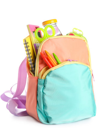 Colorful school backpack with bottle of water and different stationery on white backgroundの写真素材