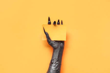 Black hand of witch with blank paper sheet on orange background. halloween celebrationの写真素材