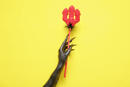 Black hand of witch with devil pitchfork on yellow background. halloween celebration