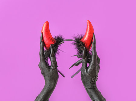 Hands of witch with red devil horns headband on purple background. halloween celebrationの写真素材