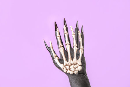 Skeleton's and witch's hands on purple background. halloween celebrationの写真素材