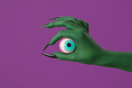 Green hand of witch with eye on purple background, closeup. halloween celebrationの写真素材