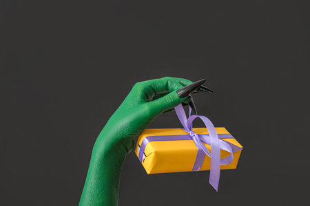 Green hand of witch with gift box on dark background. halloween celebrationの写真素材