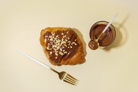 Sweet croissant and glass of chocolate on beige backgroundの写真素材