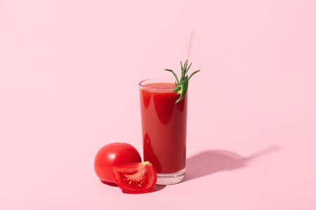 Glass of tasty tomato juice on pink backgroundの写真素材