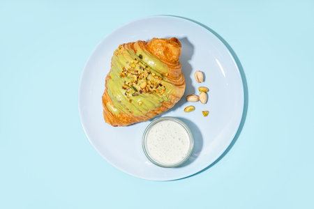 Plate with sweet croissant and pistachio nuts on blue backgroundの写真素材
