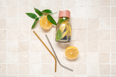 Sports bottle of infused water with blueberries and lemon on beige tile backgroundの写真素材