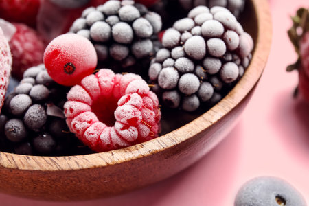 Bowl of frozen berries on pink background, closeupの写真素材