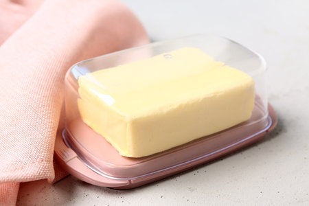 Box with fresh butter on white backgroundの写真素材