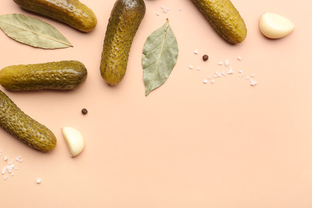 Pickled cucumbers and different spices on orange backgroundの写真素材