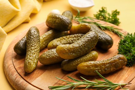Wooden board with pickled cucumbers, rosemary and parsley on yellow backgroundの写真素材