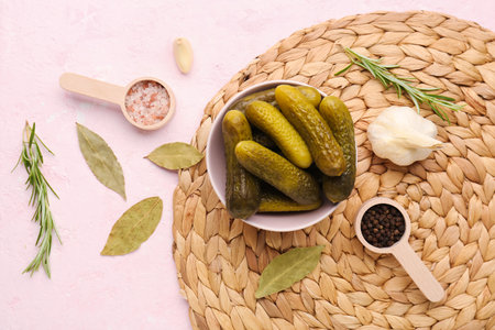 Bowl with pickled cucumbers and different spices on pink backgroundの写真素材