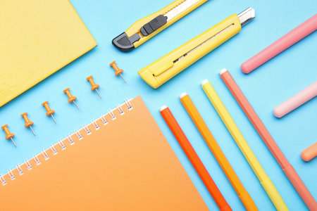 Composition with different colorful stationery on color background, closeupの写真素材
