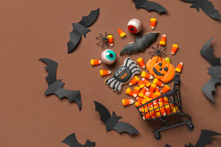 Shopping cart with tasty candy corns and cookies for Halloween on brown backgroundの写真素材