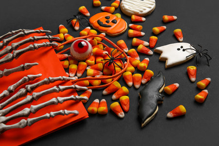 Shopping bag with tasty candy corns, cookies for Halloween and skeleton hands on black backgroundの写真素材