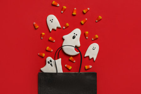 Shopping bag with tasty candy corns and cookies for Halloween on red backgroundの写真素材