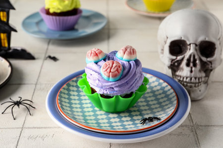 Delicious Halloween cupcake and skull on light tile background, closeupの写真素材