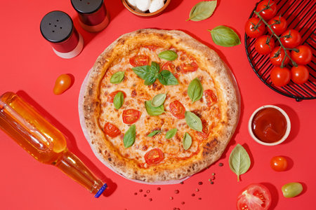 Tasty pizza Margarita with tomatoes and basil on red tableの写真素材